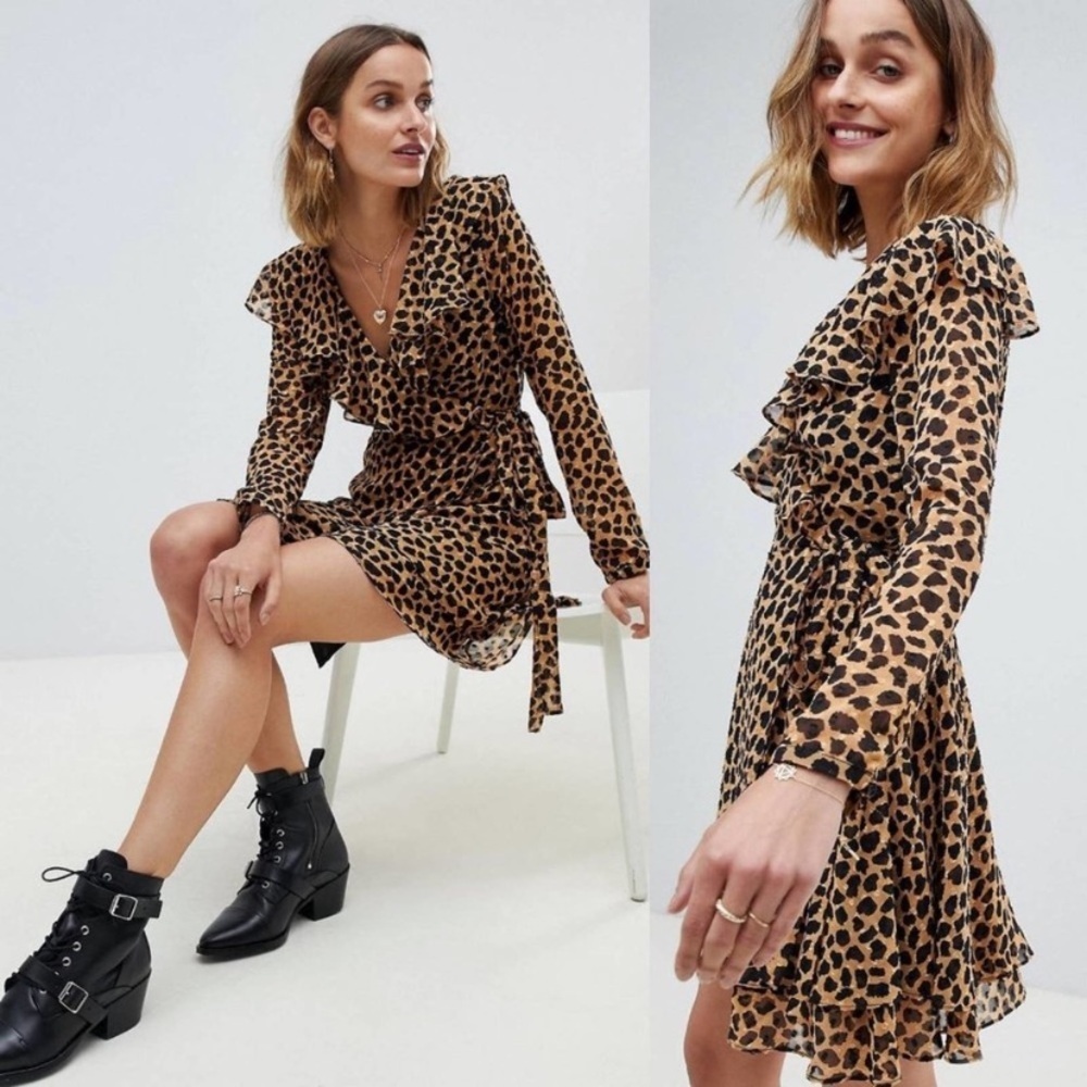 Free People Frenchie Leopard Print Georgette Mini Wrap Dress Boho Ruffle XS